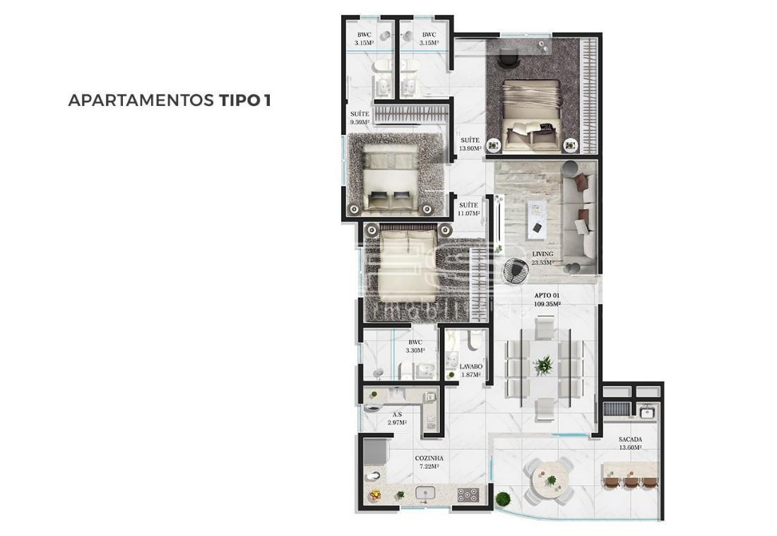 Apartamento com 3 Dormitórios à venda, 110 m² por R$ 1.126.955,00