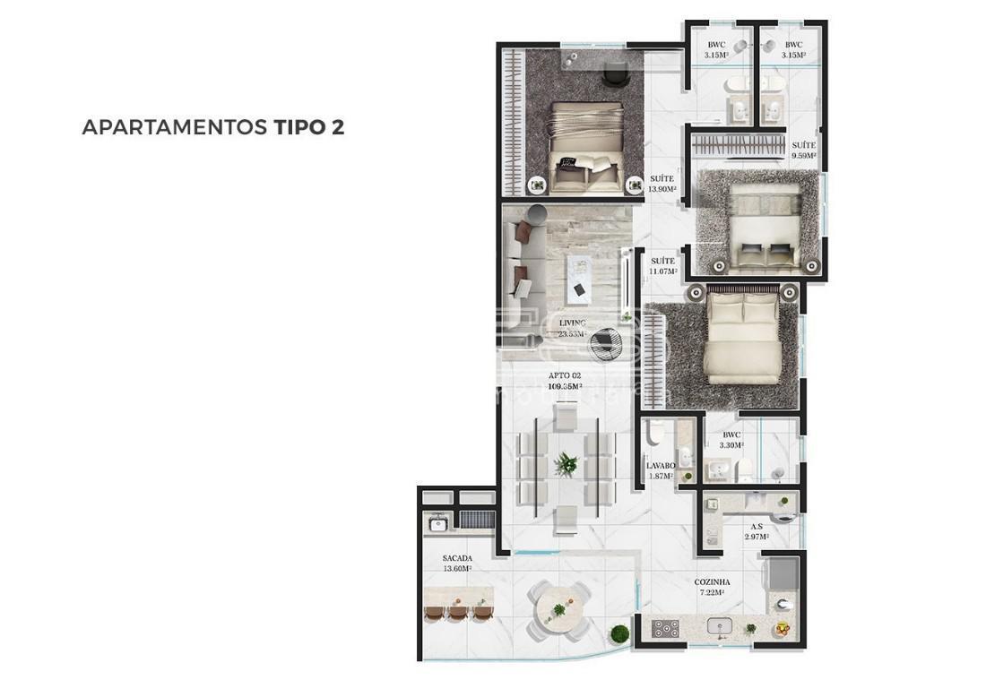 Apartamento com 3 Dormitórios à venda, 110 m² por R$ 1.126.955,00