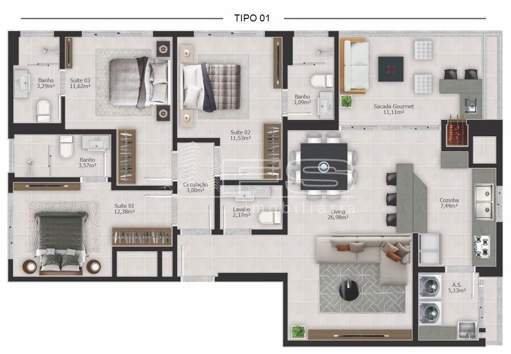 Apartamento com 3 Dormitórios à venda, 115 m² por R$ 1.255.547,00