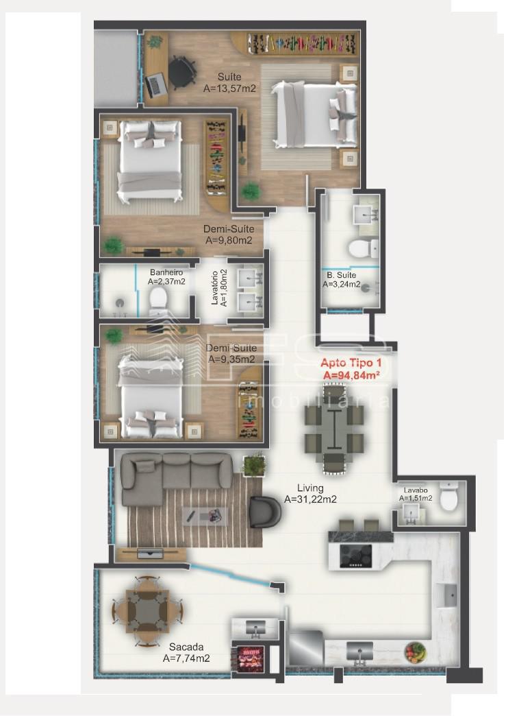 Apartamento com 3 Dormitórios à venda, 93 m² por R$ 826.515,00