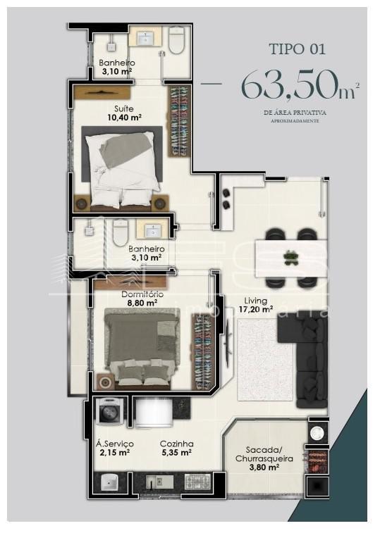 Apartamento com 2 Dormitórios à venda, 61 m² por R$ 595.335,00
