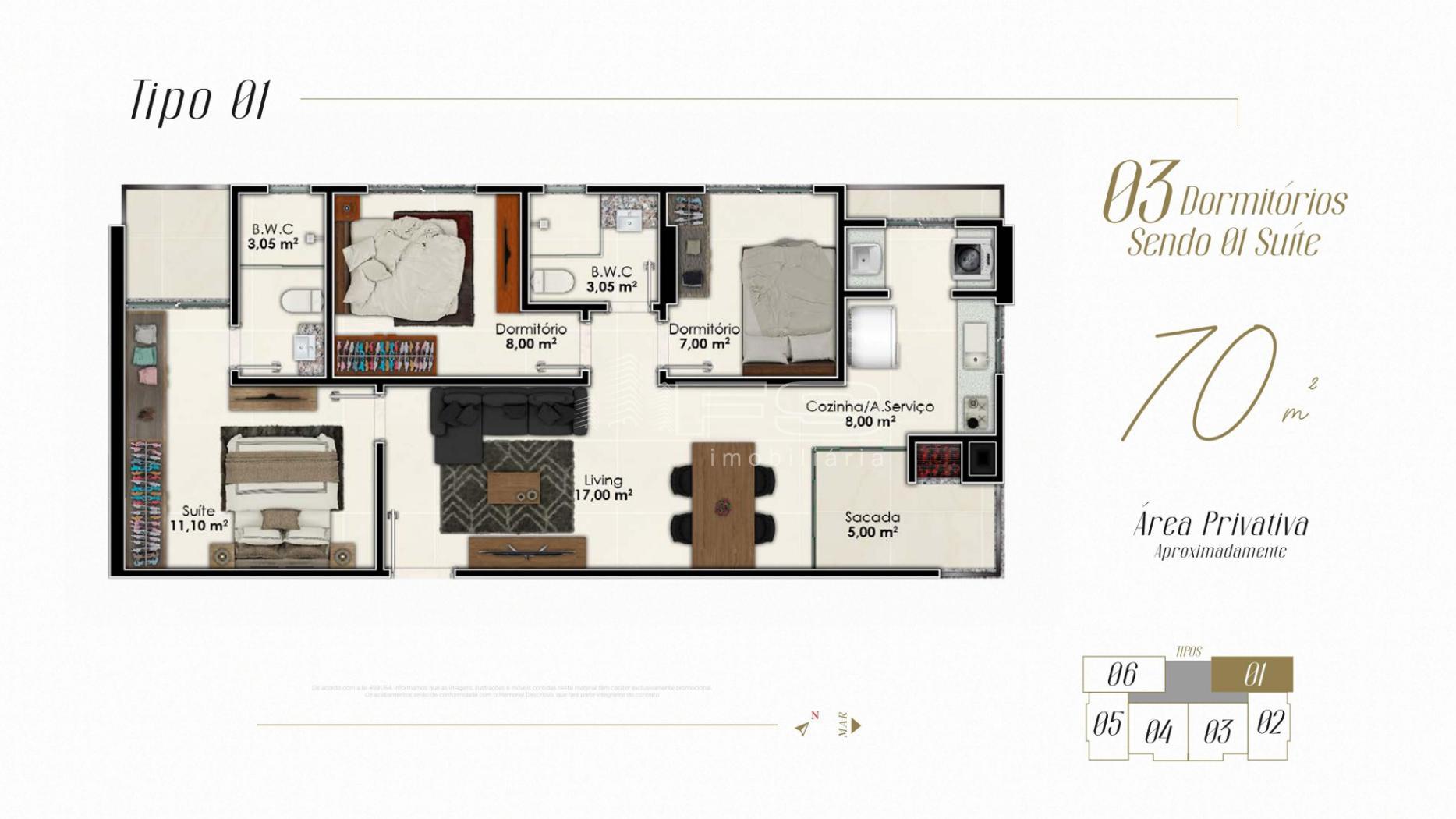 Apartamento com 3 Dormitórios à venda, 70 m² por R$ 696.479,00